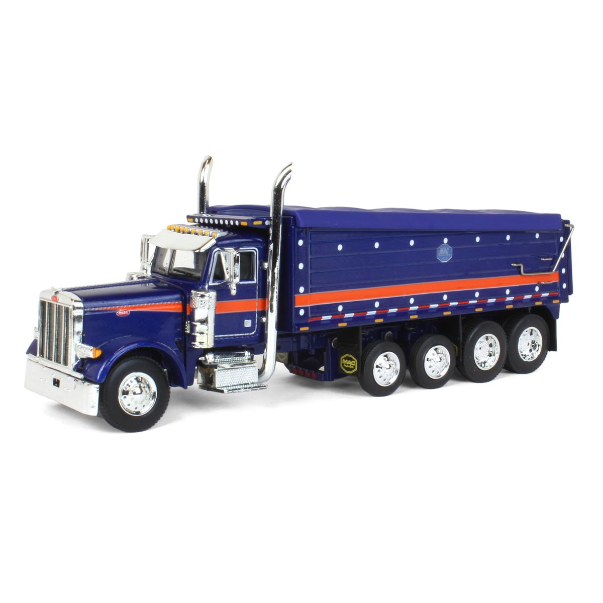 1/64 Blue/Orange Peterbilt 379 Semi Truck with Quad-Axle MAC Dump