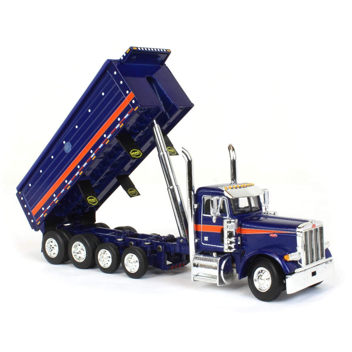 1/64 Blue/Orange Peterbilt 379 Semi Truck with Quad-Axle MAC Dump