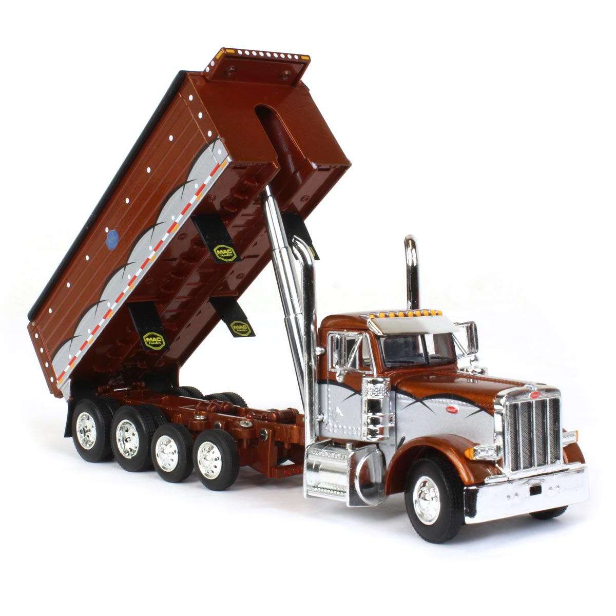 1/64 Brown/Silver Peterbilt 379 Semi Truck with Quad-Axle MAC Dump