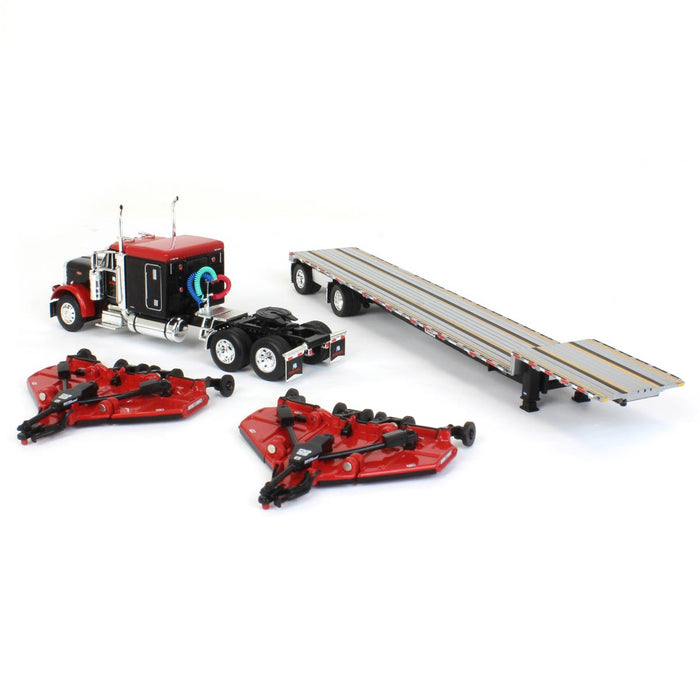 1/64 Black Bush Hog Peterbilt 379 63" Flattop Sleeper w/ Transcraft Deck Trailer & 2 Bush Hog Wing Mowers