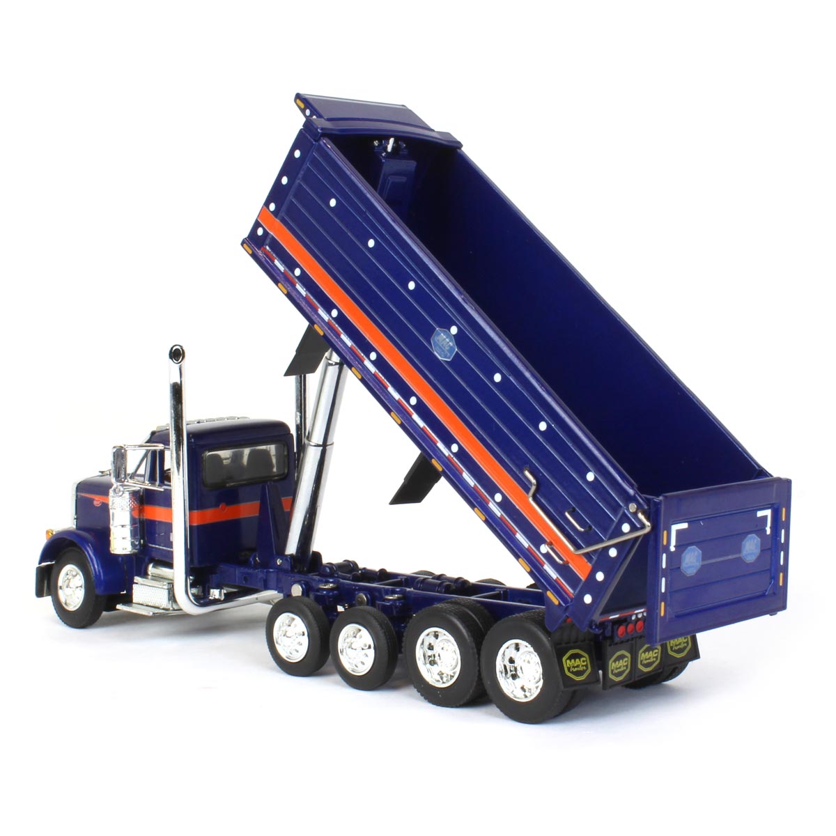 1/64 Blue/Orange Peterbilt 379 Semi Truck with Quad-Axle MAC Dump