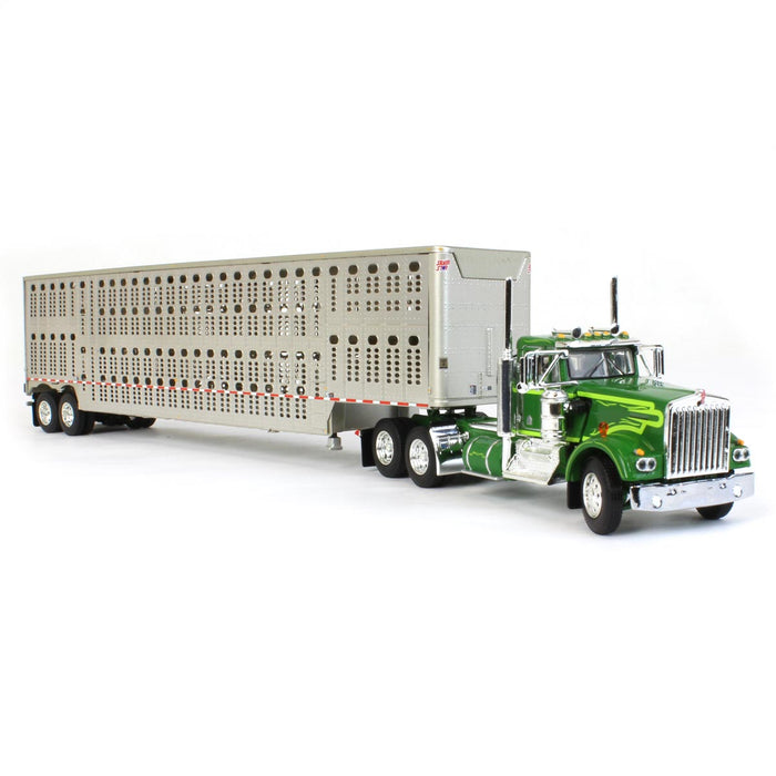 1/64 Neon & Dark Green Kenworth W900A Day Cab w/ Wilson Silver Star Livestock Trailer, DCP by First Gear