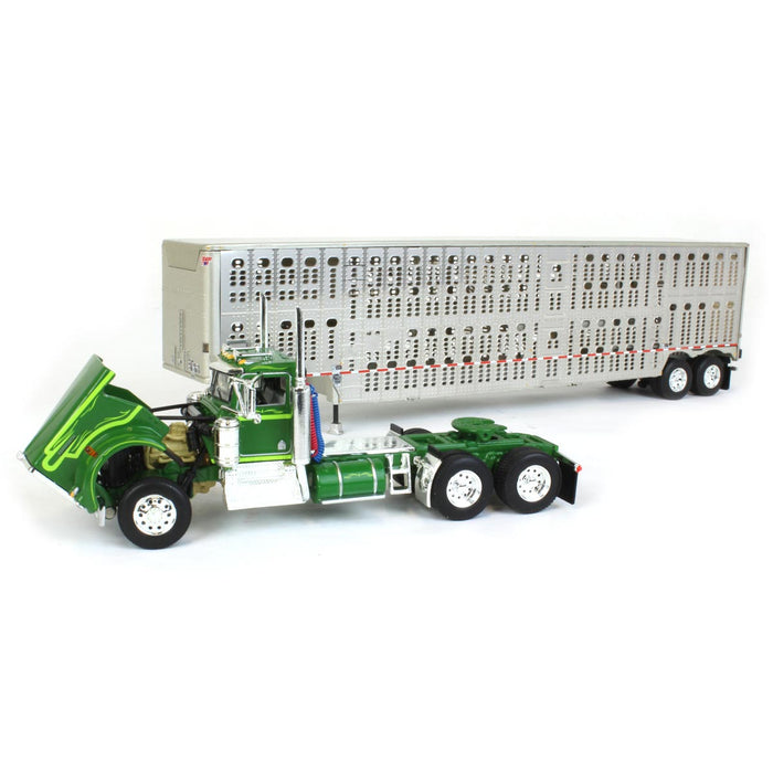 1/64 Neon & Dark Green Kenworth W900A Day Cab w/ Wilson Silver Star Livestock Trailer, DCP by First Gear