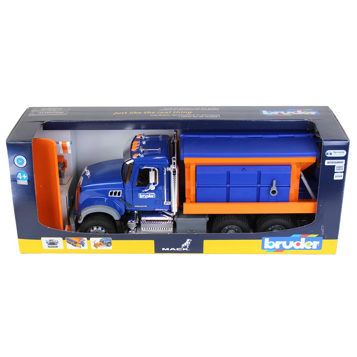 Bruder MACK Granite Kids Toy Dump Truck With Snow Plow Blade And