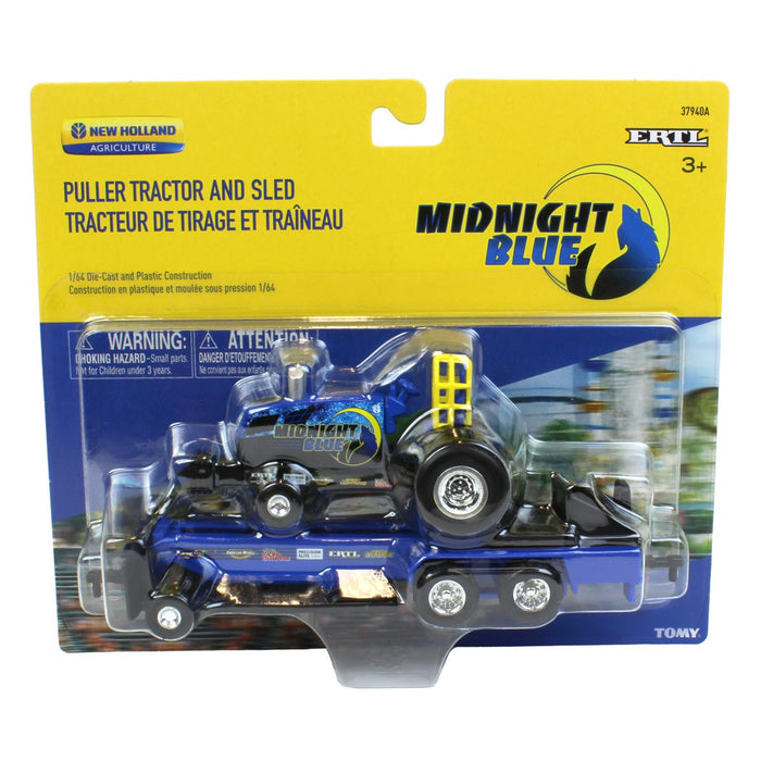 Set of 2 ~ 1/64 New Holland "Blue Blazes" & "Midnight Blue" Pulling Tractors with Sleds