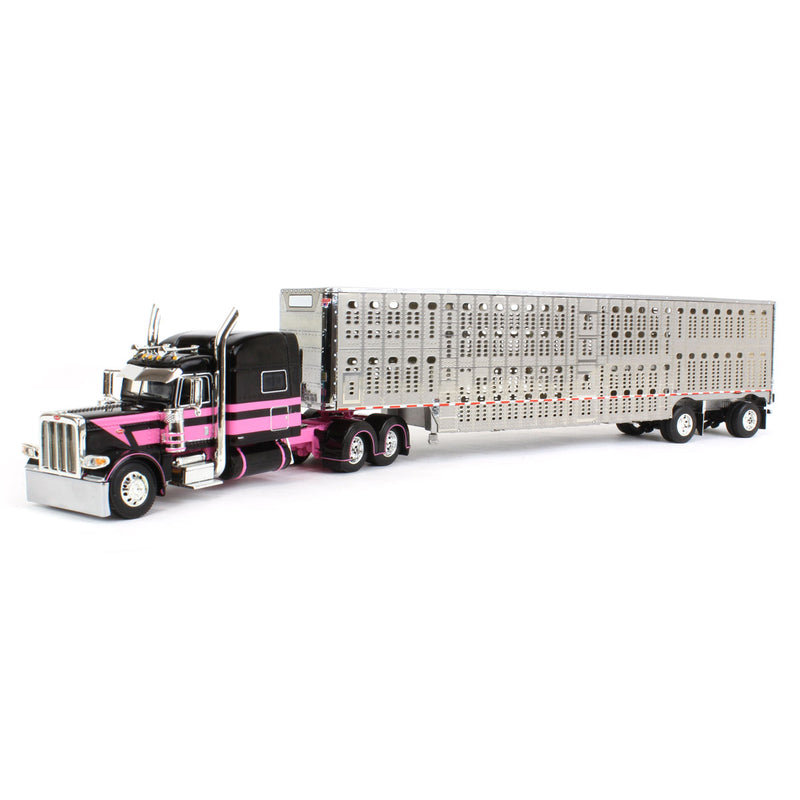 1/64 Black/Pink Peterbilt 389 Semi Truck with Wilson Silverstar Spread-axle Livestock Trailer, DCP by First Gear