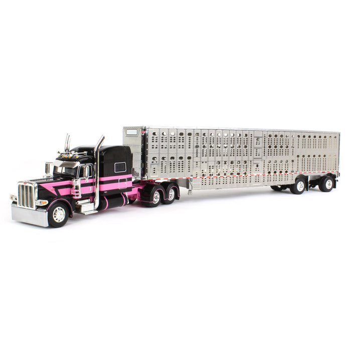 1/64 Black & Pink Peterbilt 389 w/ Wilson Silverstar Livestock Spread-axle Trailer, DCP by First Gear