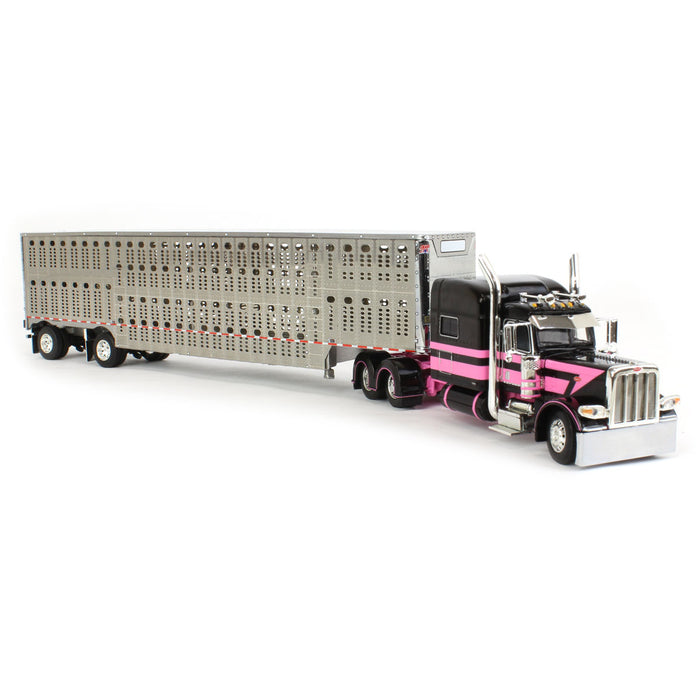 1/64 Black & Pink Peterbilt 389 w/ Wilson Silverstar Livestock Spread-axle Trailer, DCP by First Gear