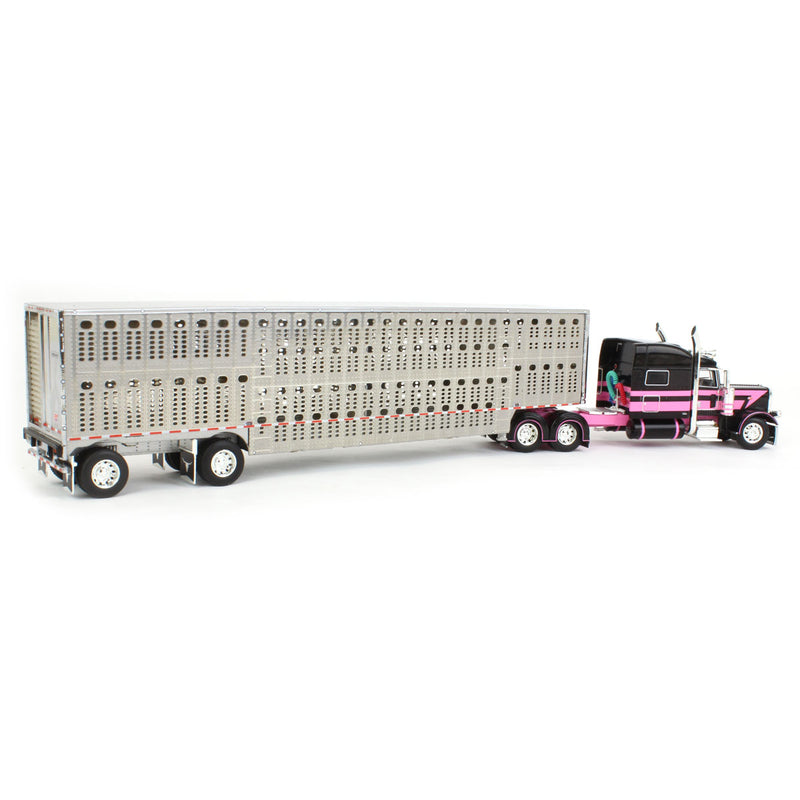 1/64 Black/Pink Peterbilt 389 Semi Truck with Wilson Silverstar Spread-axle Livestock Trailer, DCP by First Gear