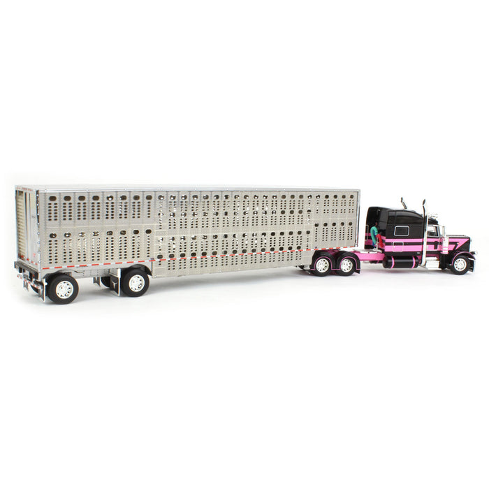 1/64 Black & Pink Peterbilt 389 w/ Wilson Silverstar Livestock Spread-axle Trailer, DCP by First Gear