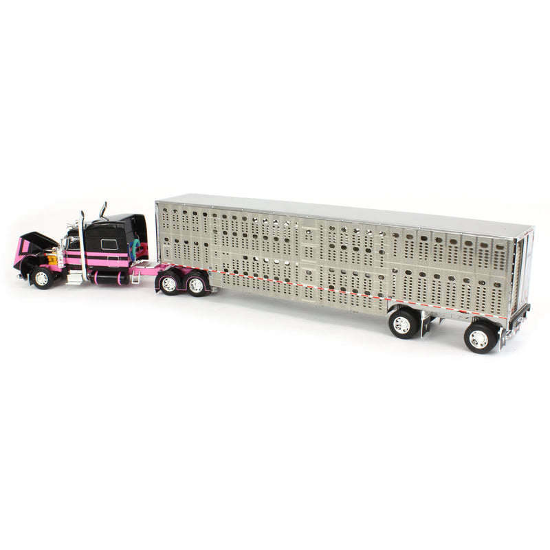 1/64 Black/Pink Peterbilt 389 Semi Truck with Wilson Silverstar Spread-axle Livestock Trailer, DCP by First Gear