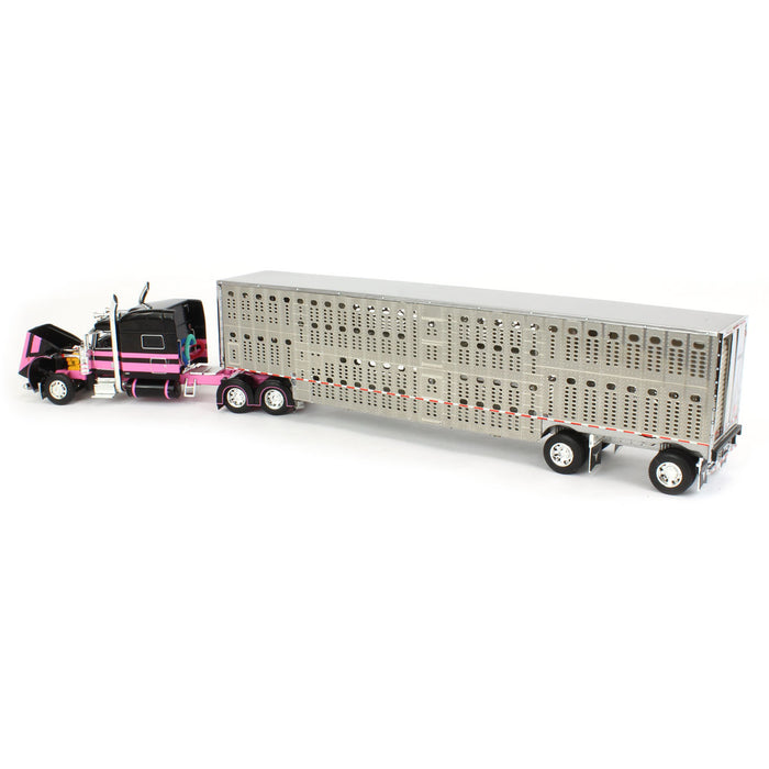 1/64 Black & Pink Peterbilt 389 w/ Wilson Silverstar Livestock Spread-axle Trailer, DCP by First Gear