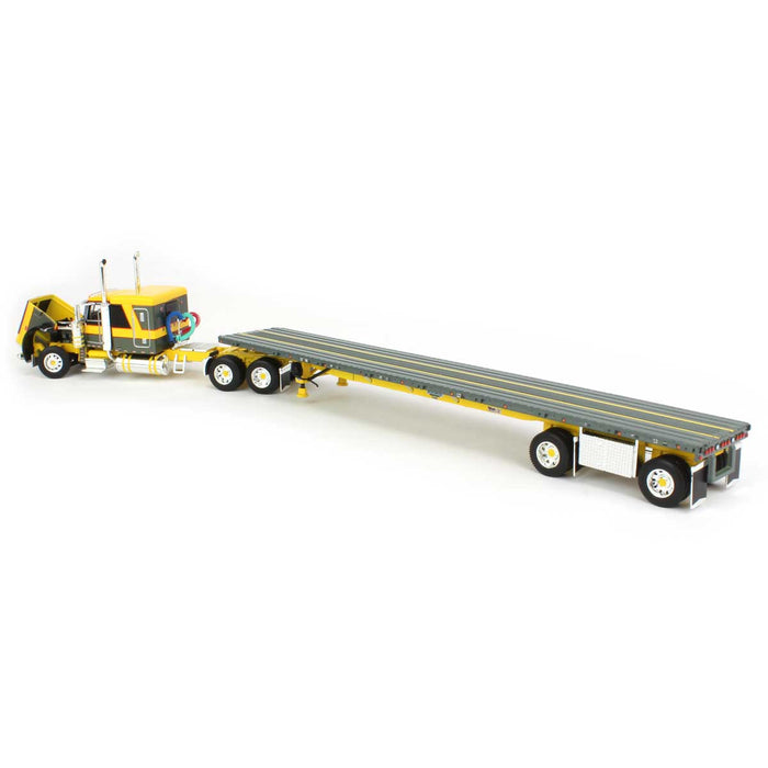 1/64 Yellow & Black Peterbilt 389 63" Flat Top Sleeper w/ Flatbed Trailer, DCP by First Gear