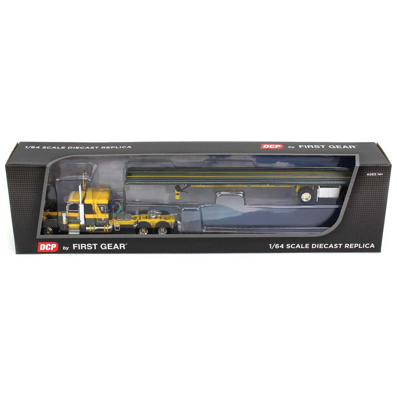 1/64 Peterbilt 389 Semi Truck with 63in Flat Top Sleeper & Flatbed Trailer, Yellow/Black, DCP by First Gear