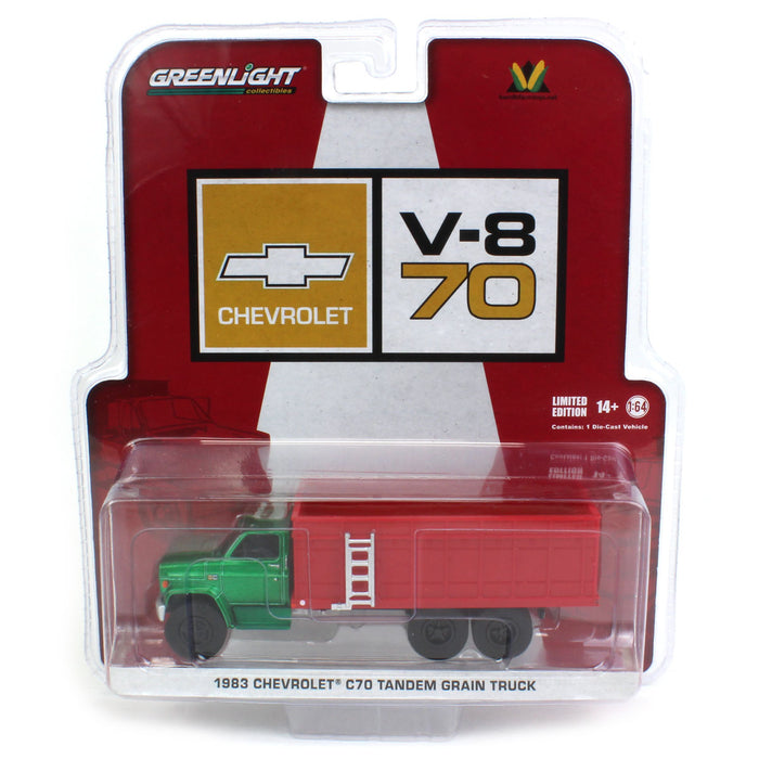 Green Chase ~ 1/64 1983 Chevrolet C70 Tandem Grain Truck w/ White Cab & Red Bed