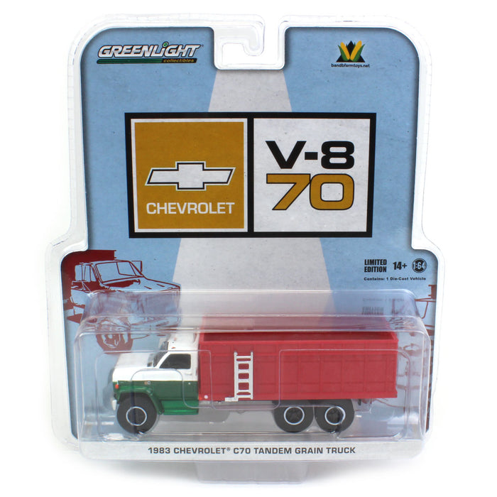 Green Chase ~ 1/64 1983 Chevrolet C70 Tandem Grain Truck w/ Light Blue/White Cab & Red Bed