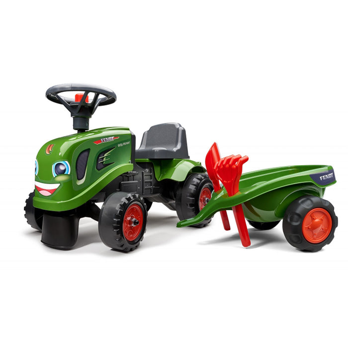 Fendt Ride-on & Push-along Tractor w/ Trailer, Rake, Shovel & 2 Sticker Sets by Falk