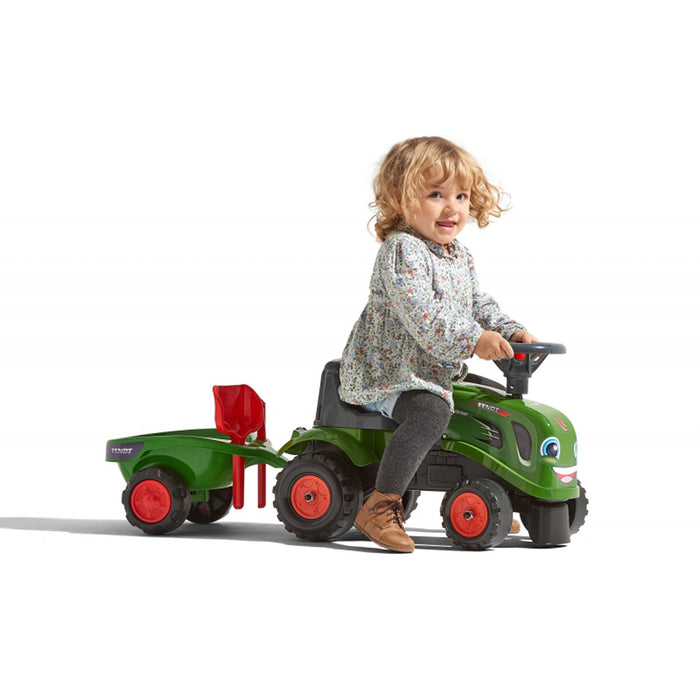 Fendt Ride-on & Push-along Tractor w/ Trailer, Rake, Shovel & 2 Sticker Sets by Falk