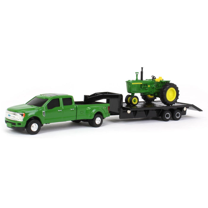 1/64 Green Ford F-350 w/ Gooseneck Trailer & John Deere 4020 Narrow Front