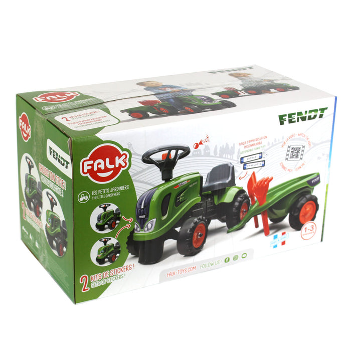 Fendt Ride-on & Push-along Tractor w/ Trailer, Rake, Shovel & 2 Sticker Sets by Falk