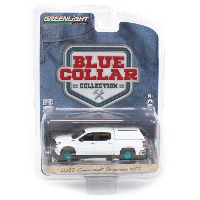 1/64 2022 Chevrolet Silverado WT with Camper Shell, Summit White, Blue Collar Series 11--CHASE UNIT