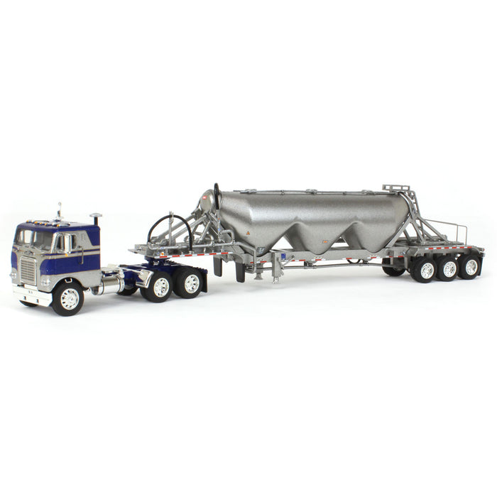 1/64 White-Freightliner Cabover w/ Tri-Axle Pneumatic Tanker, Gray & Blue, DCP by First Gear