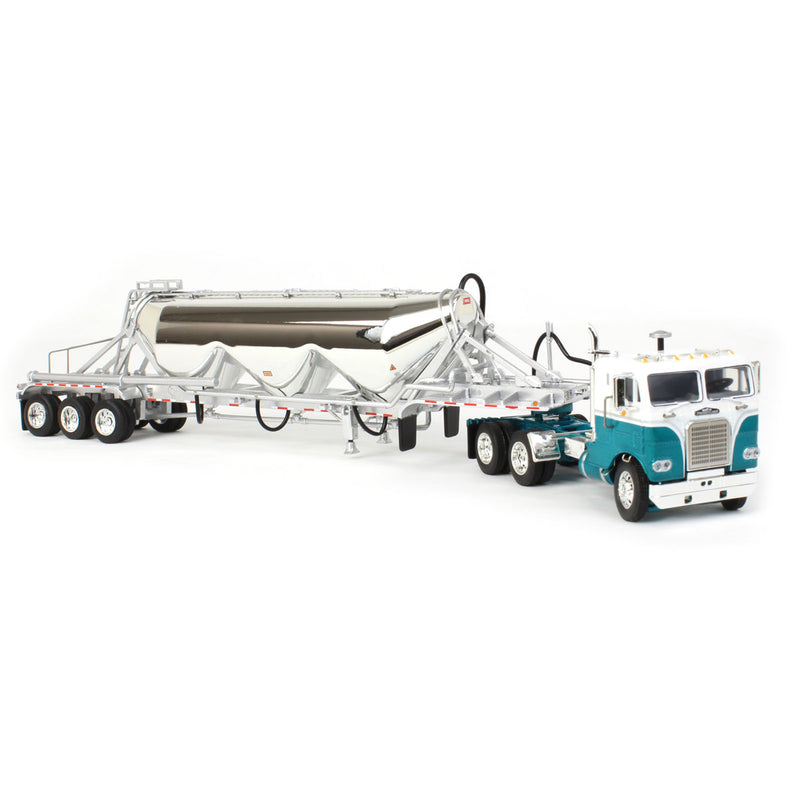 1/64 White-Freightliner Cabover Semi Truck with Tri-Axle Pneumatic Tanker, White & Blue, DCP by First Gear