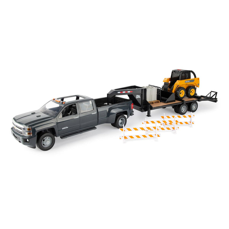 (B&D) 1/16 Big Farm Chevy Dually Quad Cab Pickup Truck with Gooseneck Trailer & John Deere Skid Steer - Damaged Item