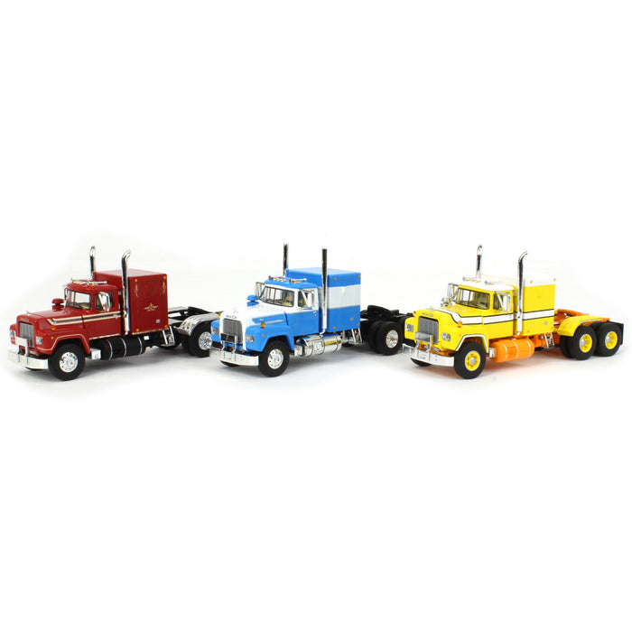 1/64 Red, Blue & Yellow Mack R Model with Sleeper Bunk Trio Set, DCP by First Gear