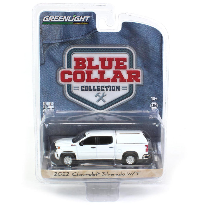 1/64 2022 Chevrolet Silverado WT with Camper Shell, Summit White, Blue Collar Series 11