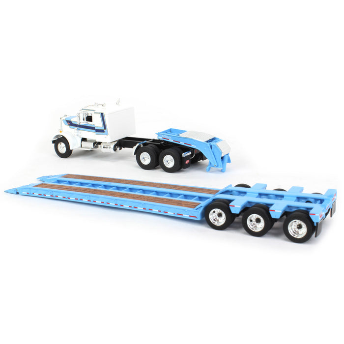 1/64 White & Blue Peterbilt 351 36in Flattop Sleeper w/ Tri-axle Talbert Lowboy Trailer, Outback Toys Exclusive