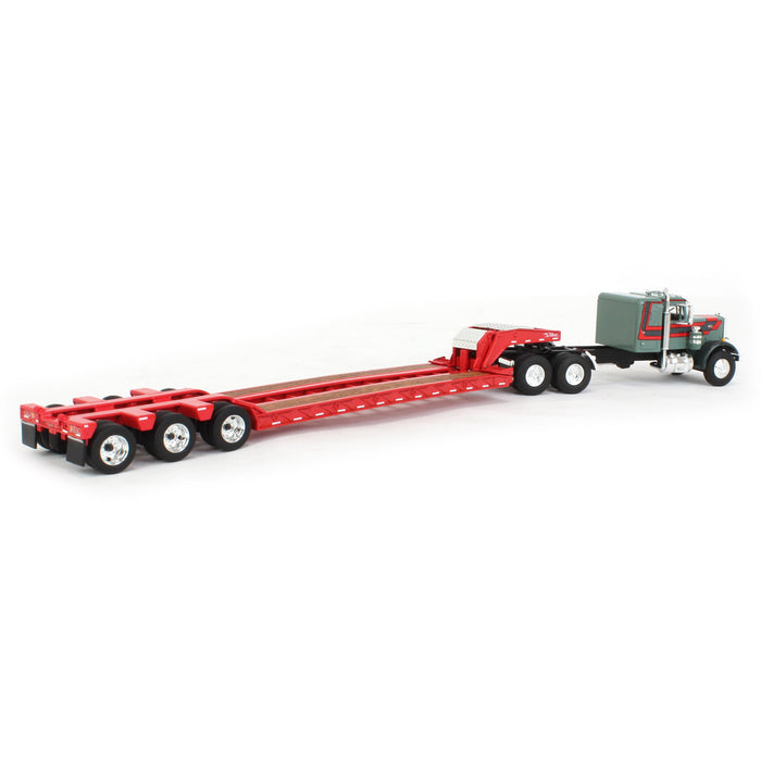 1/64 Gray & Red Peterbilt 351 36in Flattop Sleeper w/ Tri-axle Talbert Lowboy Trailer, Outback Toys Exclusive