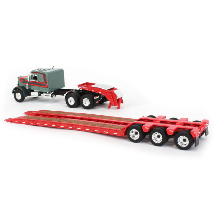 1/64 Gray & Red Peterbilt 351 36in Flattop Sleeper w/ Tri-axle Talbert Lowboy Trailer, Outback Toys Exclusive