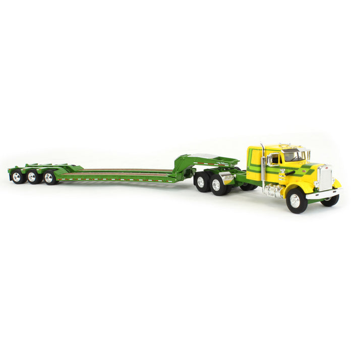 1/64 Yellow & Green Peterbilt 351 36in Flattop Sleeper w/ Tri-axle Talbert Lowboy Trailer, Outback Toys Exclusive