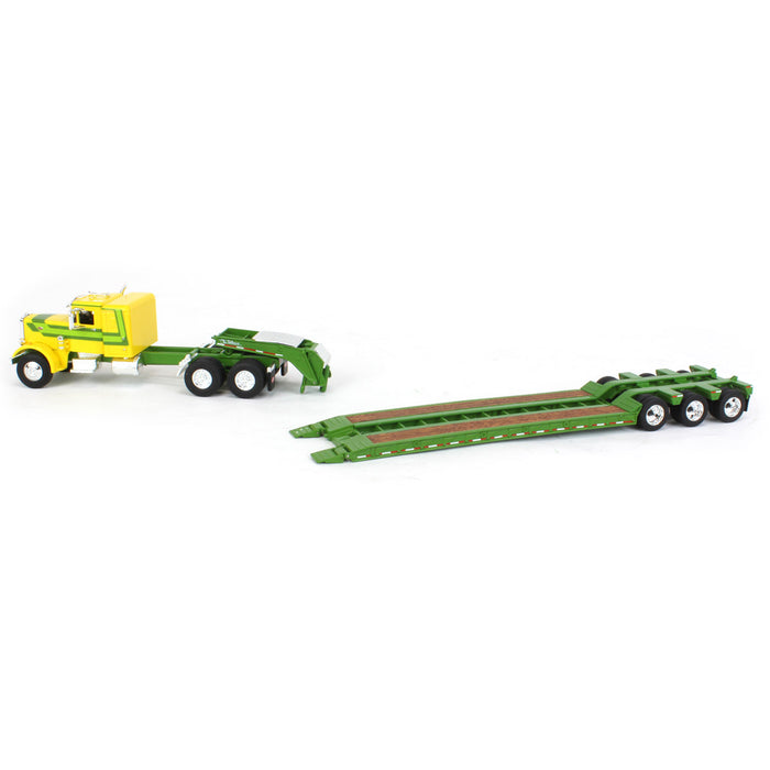 1/64 Yellow & Green Peterbilt 351 36in Flattop Sleeper w/ Tri-axle Talbert Lowboy Trailer, Outback Toys Exclusive