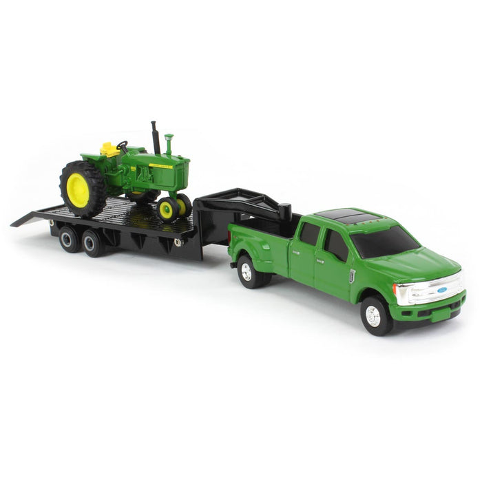 (B&D) 1/64 Green Ford F-350 w/ Gooseneck Trailer & John Deere 4020 Narrow Front - Damaged Box