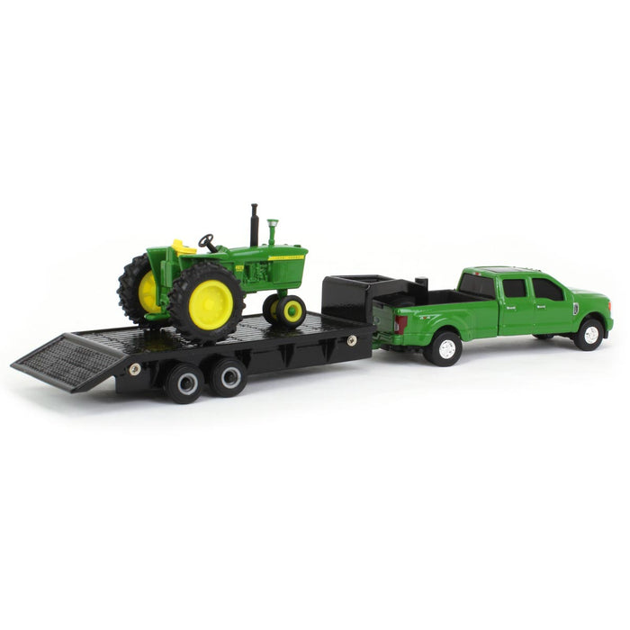 (B&D) 1/64 Green Ford F-350 w/ Gooseneck Trailer & John Deere 4020 Narrow Front - Damaged Box