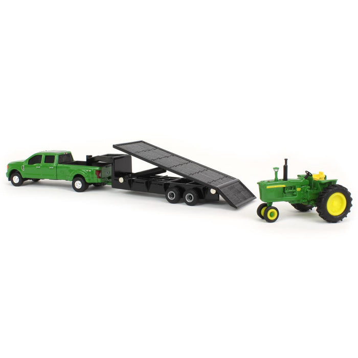 (B&D) 1/64 Green Ford F-350 w/ Gooseneck Trailer & John Deere 4020 Narrow Front - Damaged Box