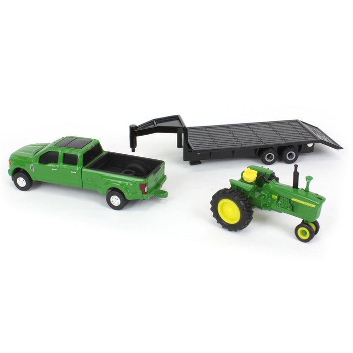 (B&D) 1/64 Green Ford F-350 w/ Gooseneck Trailer & John Deere 4020 Narrow Front - Damaged Box