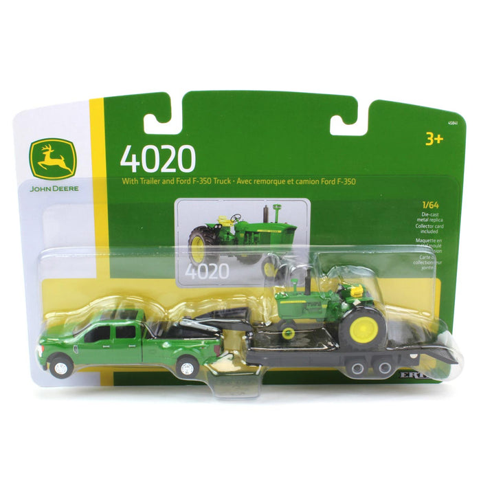 (B&D) 1/64 Green Ford F-350 w/ Gooseneck Trailer & John Deere 4020 Narrow Front - Damaged Box