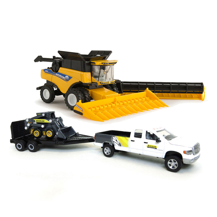 1/64 Dodge Pickup with Trailer and New Holland L170 Skid Steer & CR8.90 Combine with 2 Headers