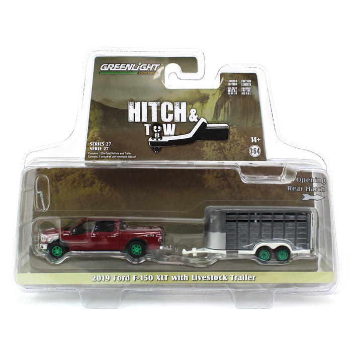 1/64 2019 Ford F-150 XLT with Livestock Trailer, Hitch & Tow Series 27 - Green Machine