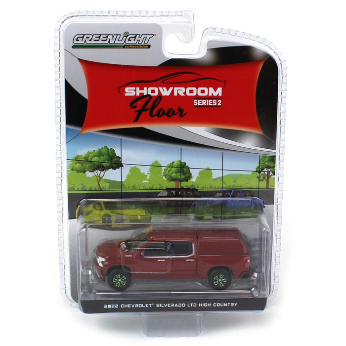 1/64 '22 Chevrolet Silverado LTD High Country w/ Camper Shell, Cherry Red, Showroom Floor Series 2 - Green Machine