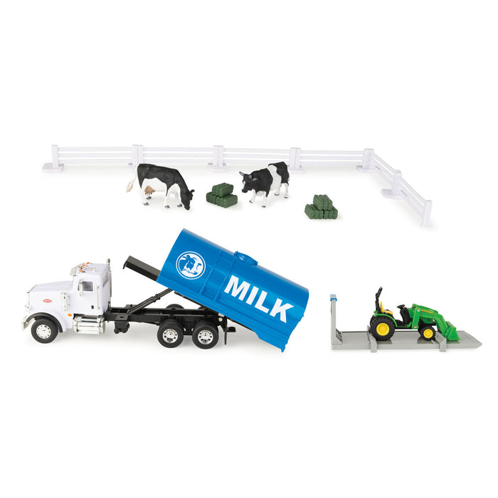 1/32 Peterbilt "Switch N Load" Semi w/ John Deere Tractor, Cow, Fence Pieces & Hay Bales