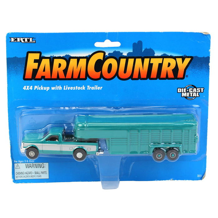 1/64 Green & Silver Ford F-250 4x4 Pickup with Gooseneck Livestock Trailer by ERTL