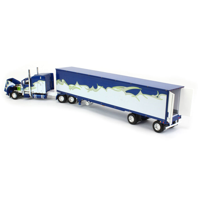 1/64 Blue, Silver & Lime Peterbilt 389 w/ Utility Ribbed Spread-Axle Reefer, DCP by First Gear