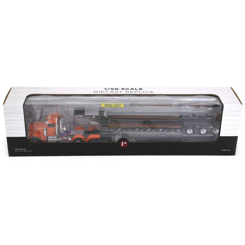 (B&D) 1/50 Bright Orange Peterbilt 367 Day Cab Semi Truck with Talbert 55SA Lowboy Trailer by First Gear - Damaged Box