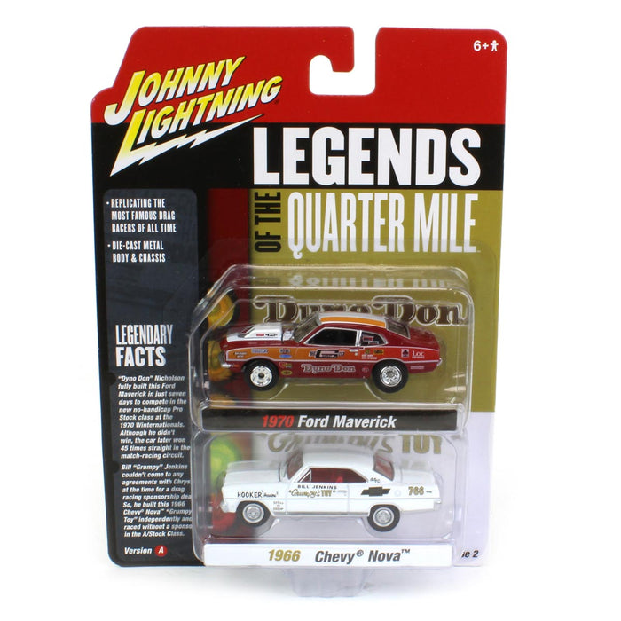 1/64 Johnny Lightning Legends of the Quarter Mile Twin Pack A - 1970 Ford Maverick & 1966 Chevy Nova