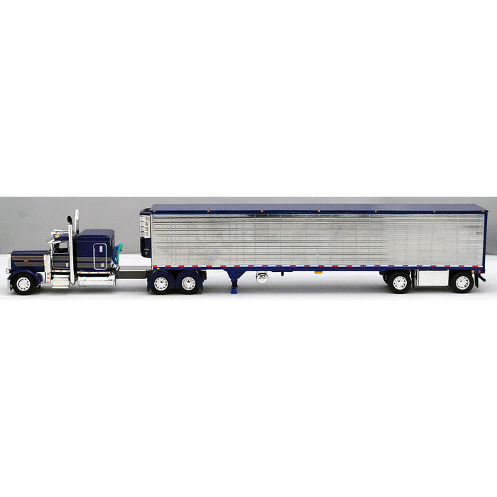 1/64 Blue, Gray & Gold Peterbilt 389 w/ Chrome Spread-Axle Utility Reefer Trailer, DCP by First Gear