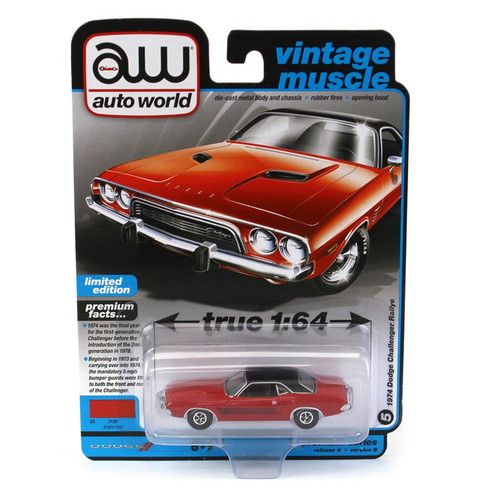 1/64 Auto World 2022 Release 4B, Vintage Muscle - 1974 Dodge Challenger Rallye, Rallye Red